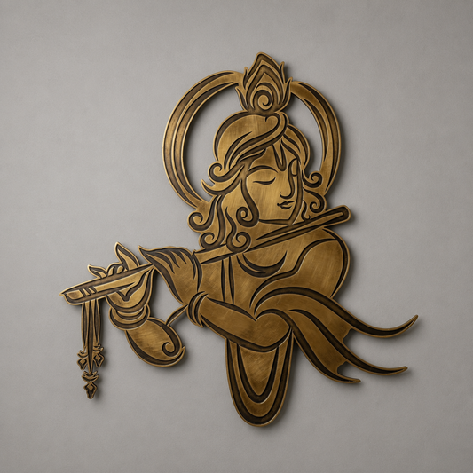 Decorative wall art of a figure playing a flute on a gray background