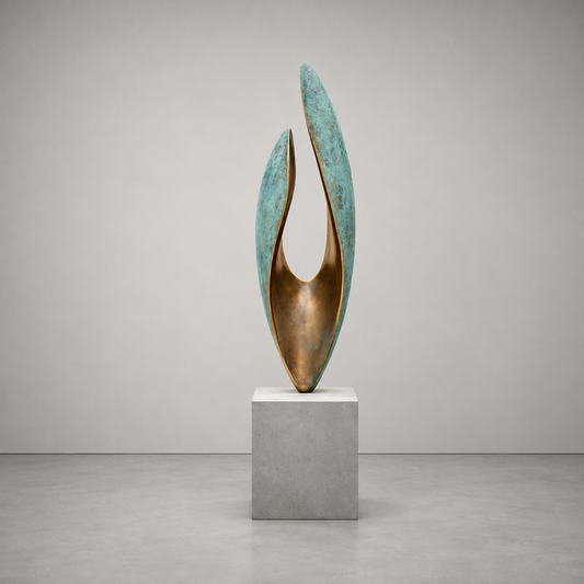 Abstract sculpture on a pedestal against a plain background