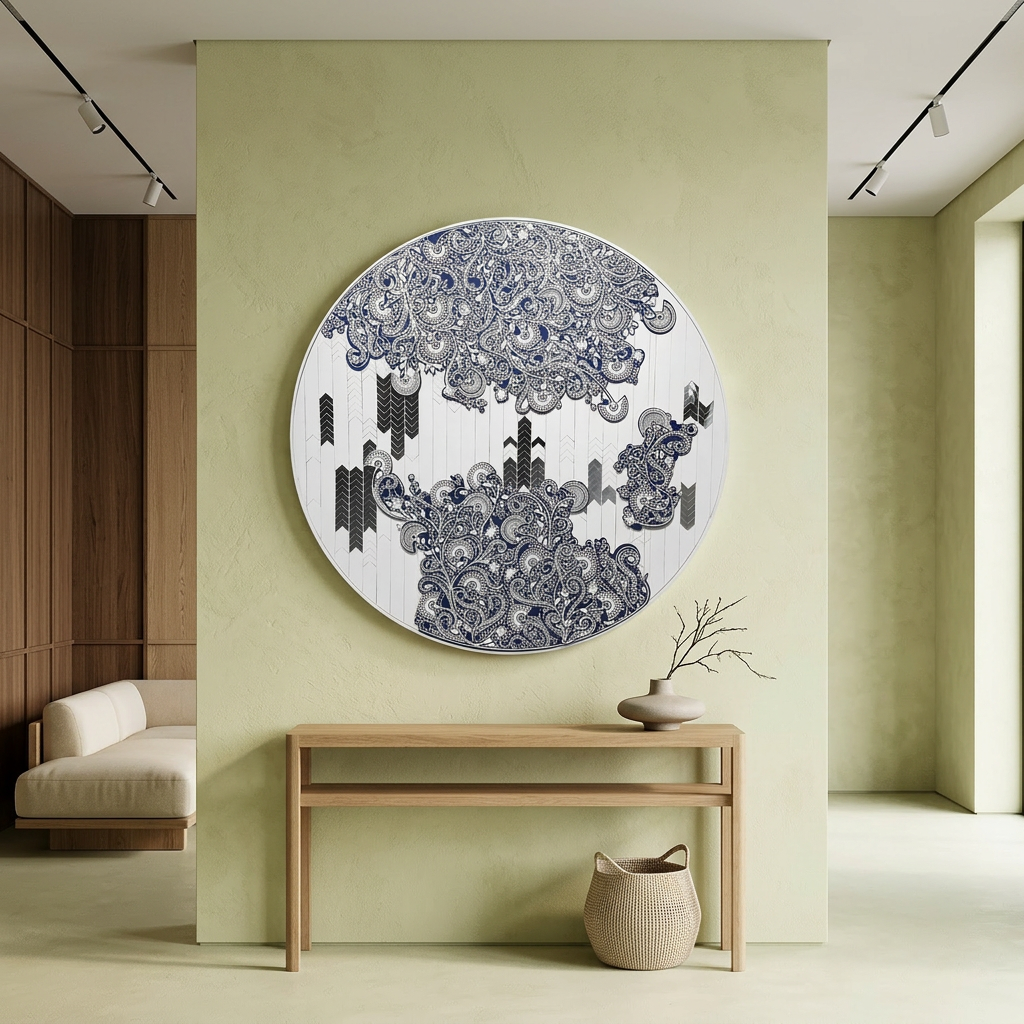 Decorative wall art piece in a modern interior setting with a light green wall and wooden furniture.