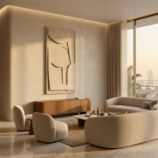Modern living room with beige walls, furniture, and abstract art.