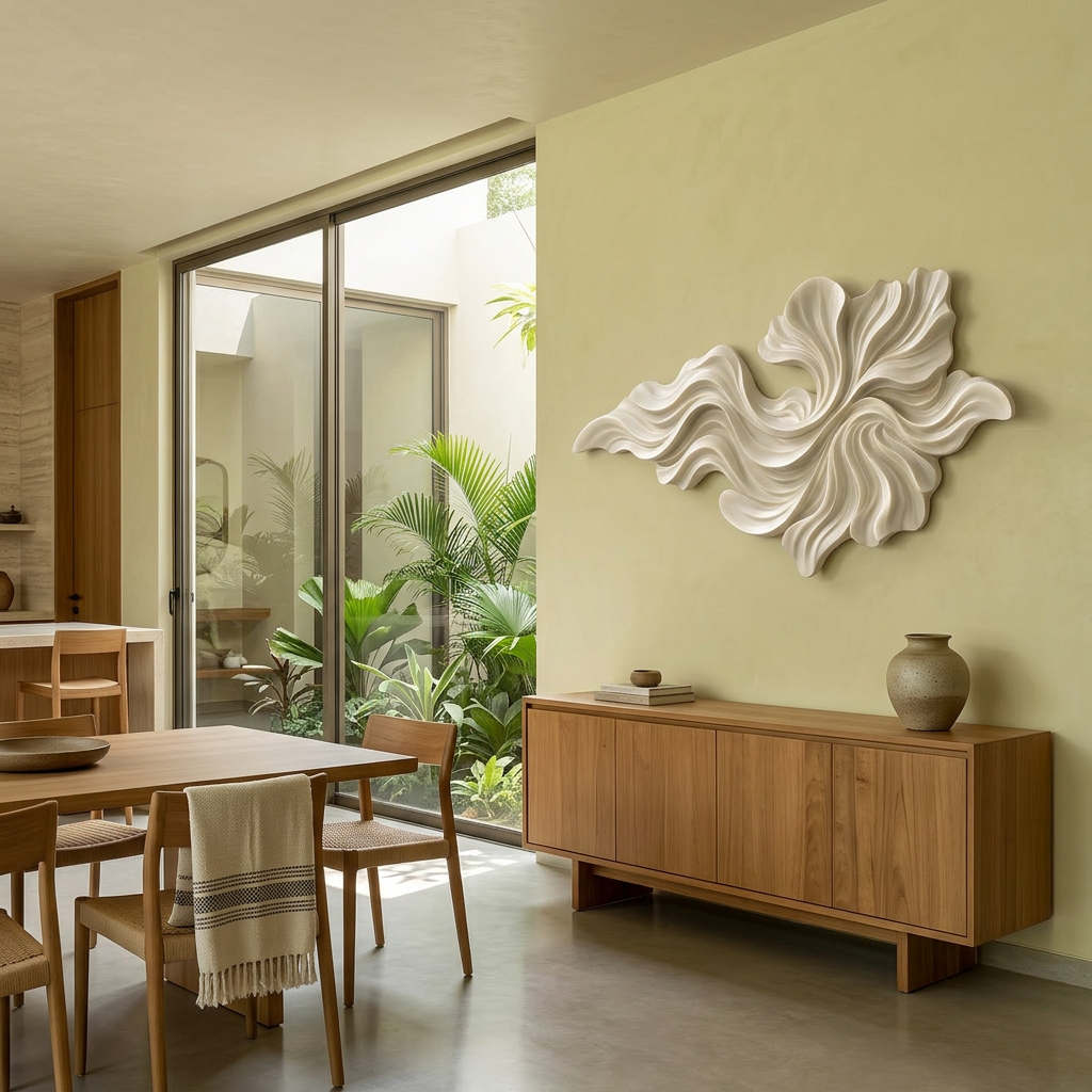 Dining room with wooden table, chairs, and a decorative wall piece.