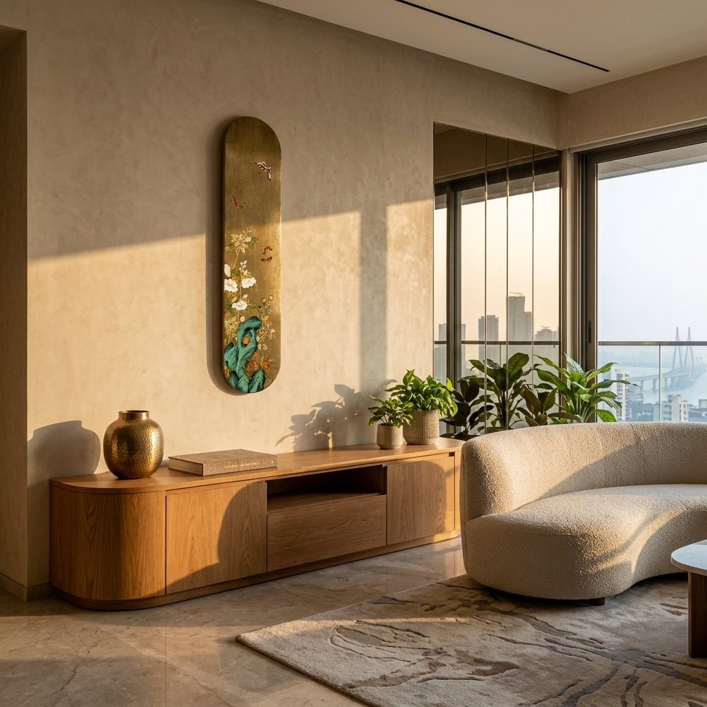 Modern living room with a wooden TV stand, beige sofa, and decorative mirror.