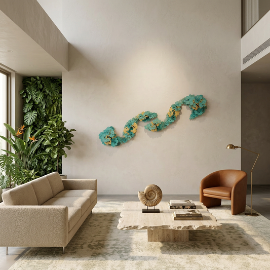 Modern living room with beige sofa, brown armchair, and decorative wall art.