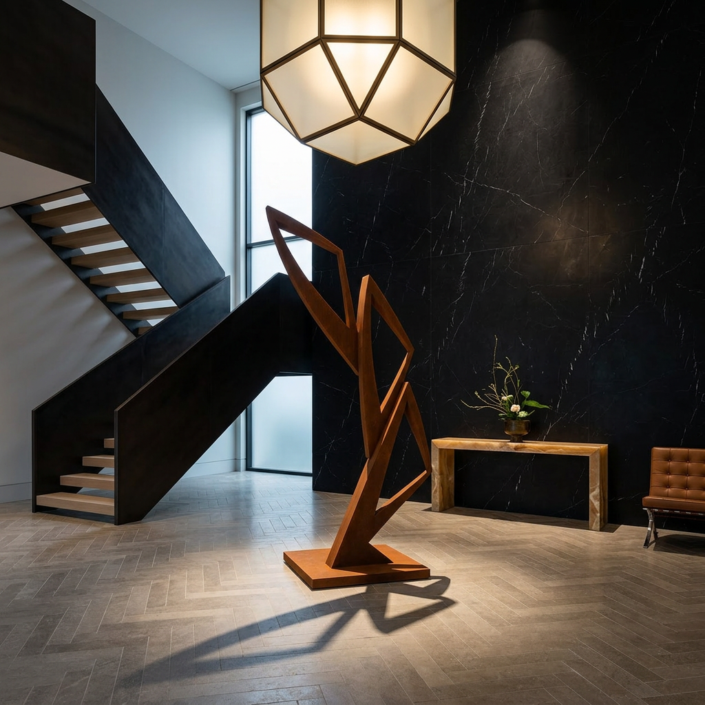 Modern interior with a wooden sculpture, staircase, and geometric light fixture.