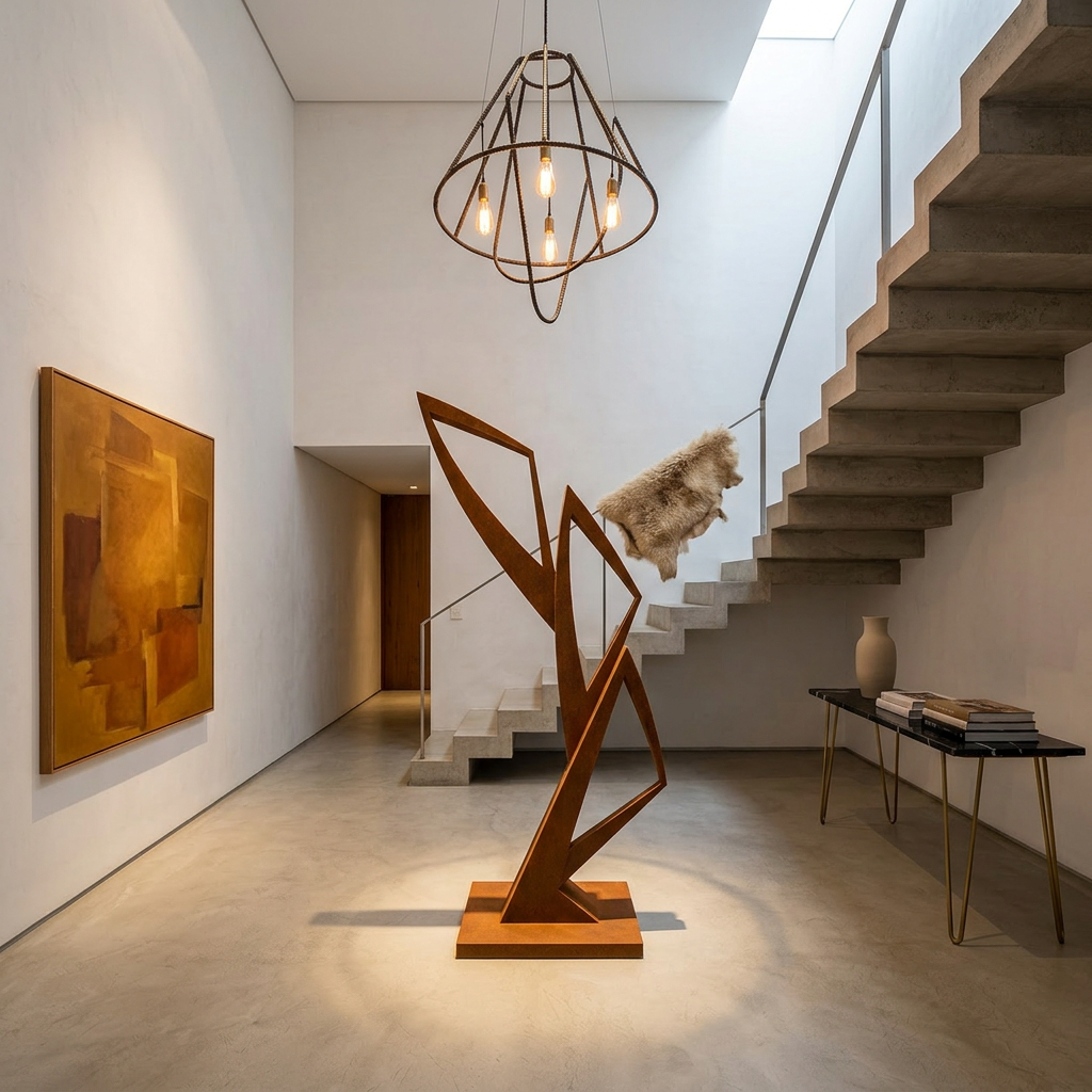 Modern interior with a wooden sculpture, abstract painting, and staircase.
