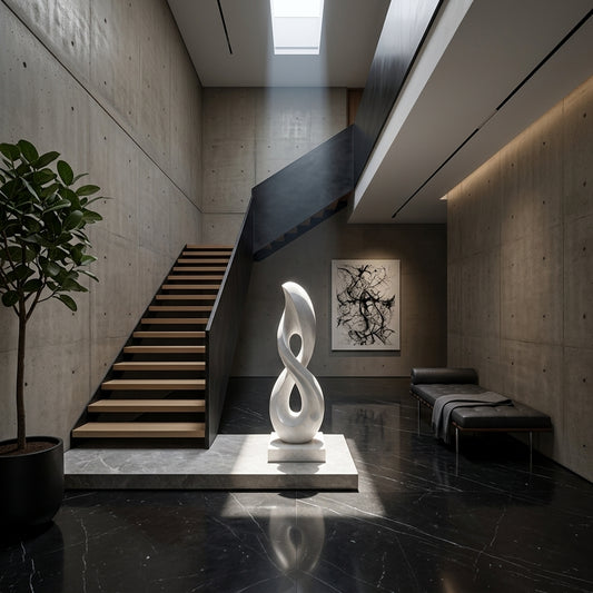Modern interior with a white sculpture, staircase, and potted plant.
