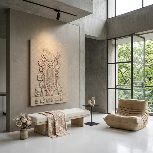 Modern interior with a large Srinathji wall art piece, beige chair, and bench in a well-lit room.
