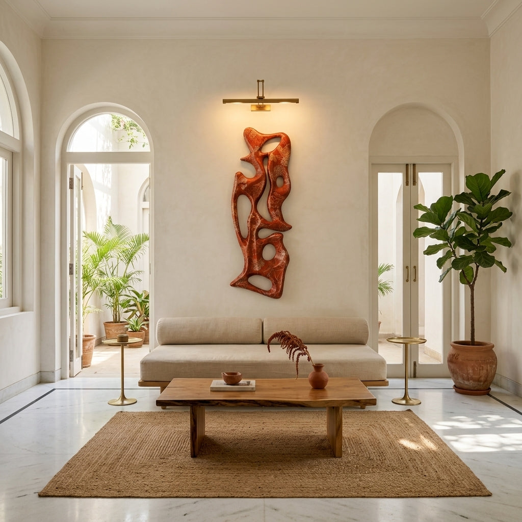 Modern living room with a wooden coffee table, beige sofa, and decorative wall art.