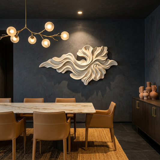 Dining room with a decorative wall sculpture, table, and chairs.