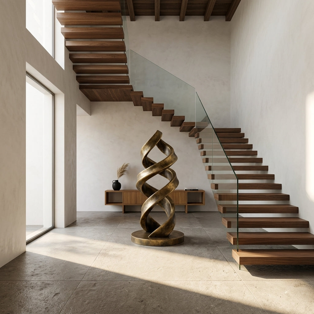 Modern interior with wooden spiral staircase and decorative sculpture.