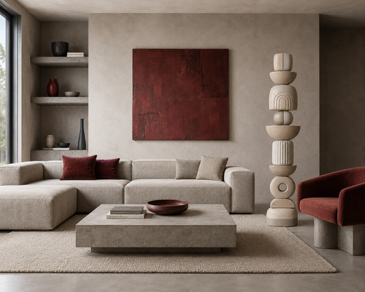 Modern living room with a sectional sofa, coffee table, and decorative wall art.