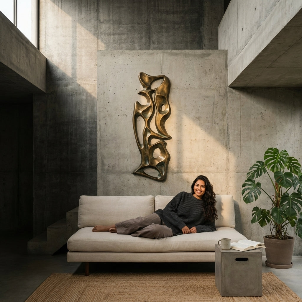 Woman sitting on a white sofa in a modern living room with abstract wall art and a plant.