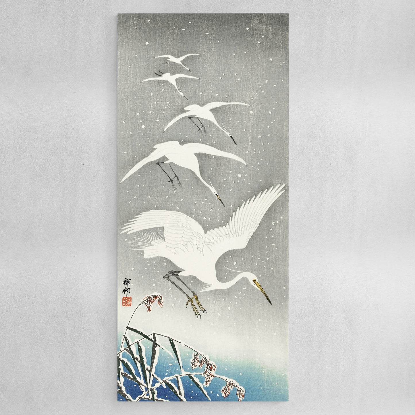 Descending egrets in snow