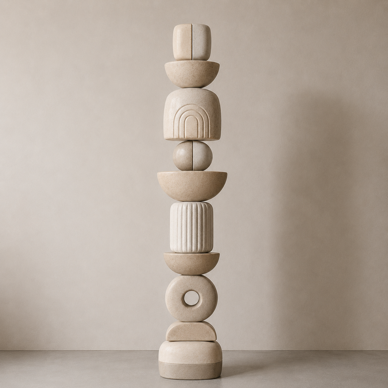 Stack of geometric stone sculptures on a neutral background