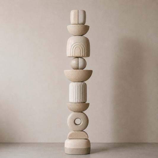 Stack of geometric stone sculptures on a neutral background
