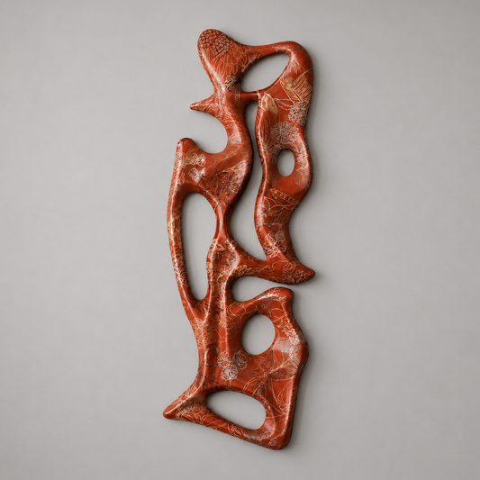 Decorative red stone wall art on a gray background