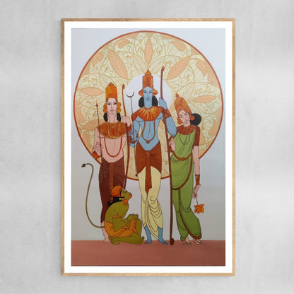 Framed artwork of Ram, Laxman, Sita and Hanuman 