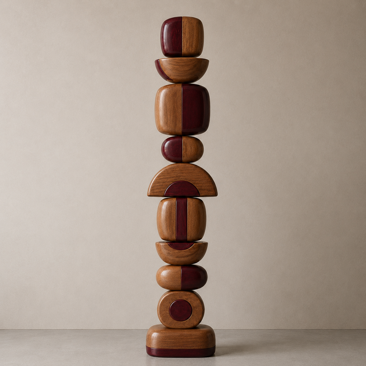 Wooden sculpture with stacked geometric shapes on a beige background