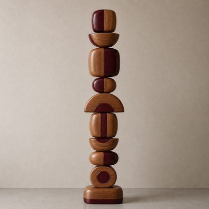 Wooden sculpture with stacked geometric shapes on a beige background
