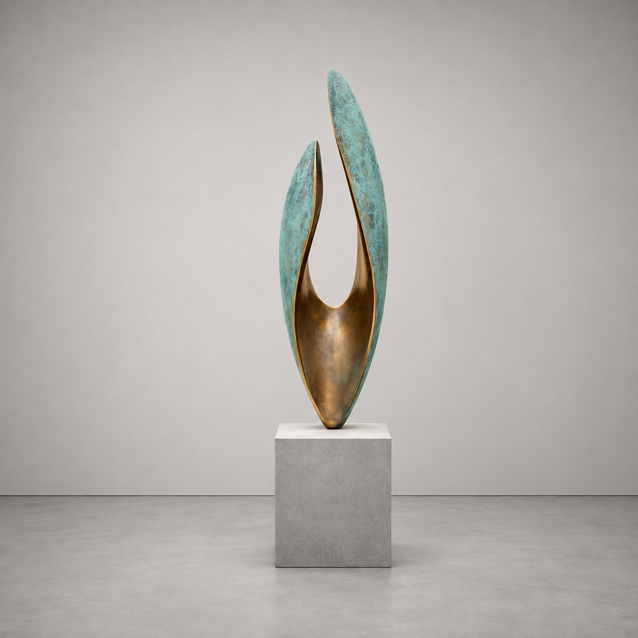 Abstract sculpture on a pedestal against a plain background