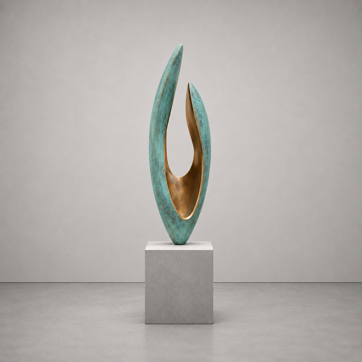 Abstract sculpture on a pedestal against a plain background