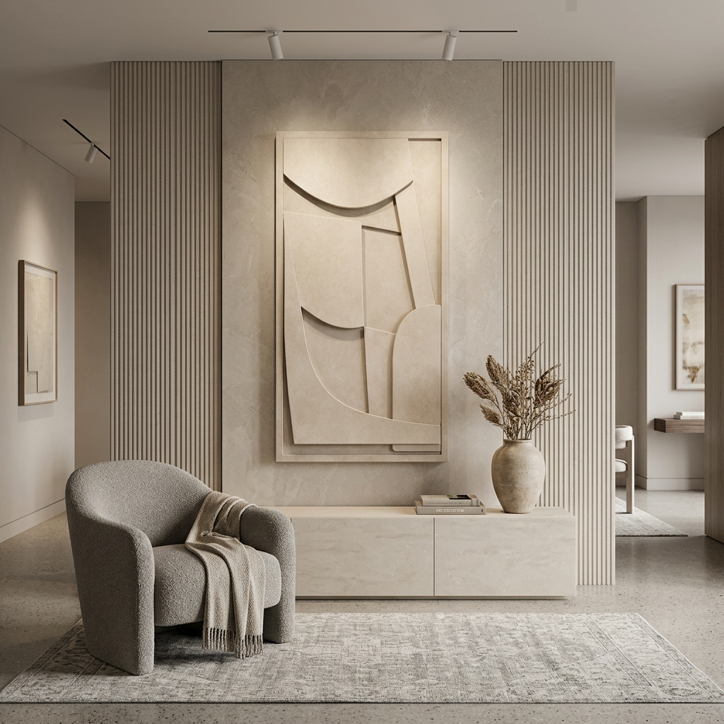 Modern living room with abstract wall art, armchair, and decorative elements.