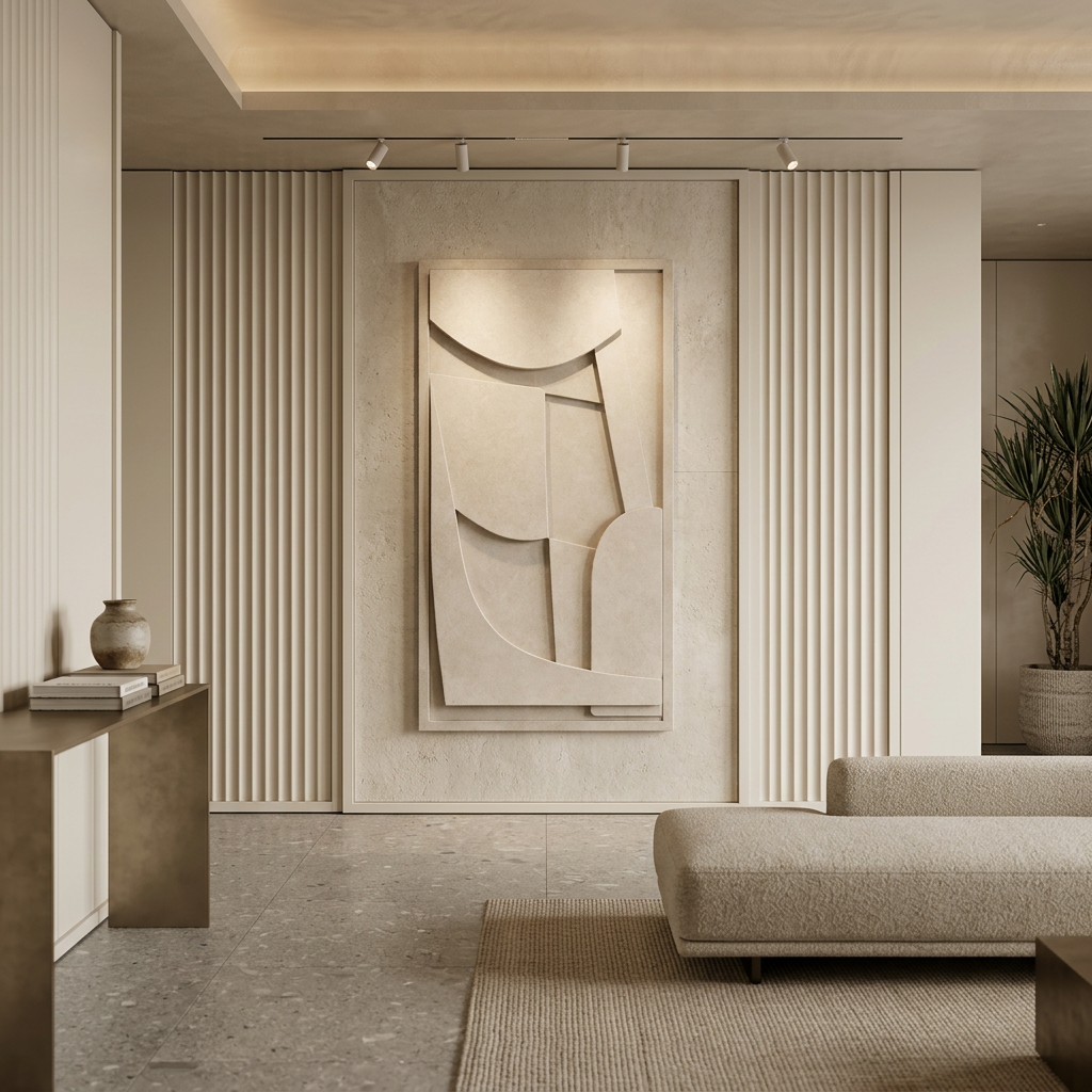 Modern living room with abstract wall art and minimal decor