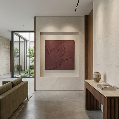 Modern interior with a textured wall art piece in a neutral-toned room.