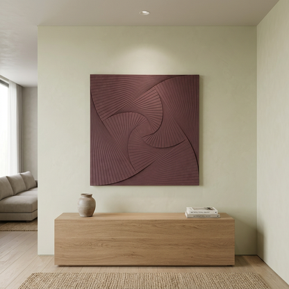 Modern interior with a wooden cabinet and abstract wall art