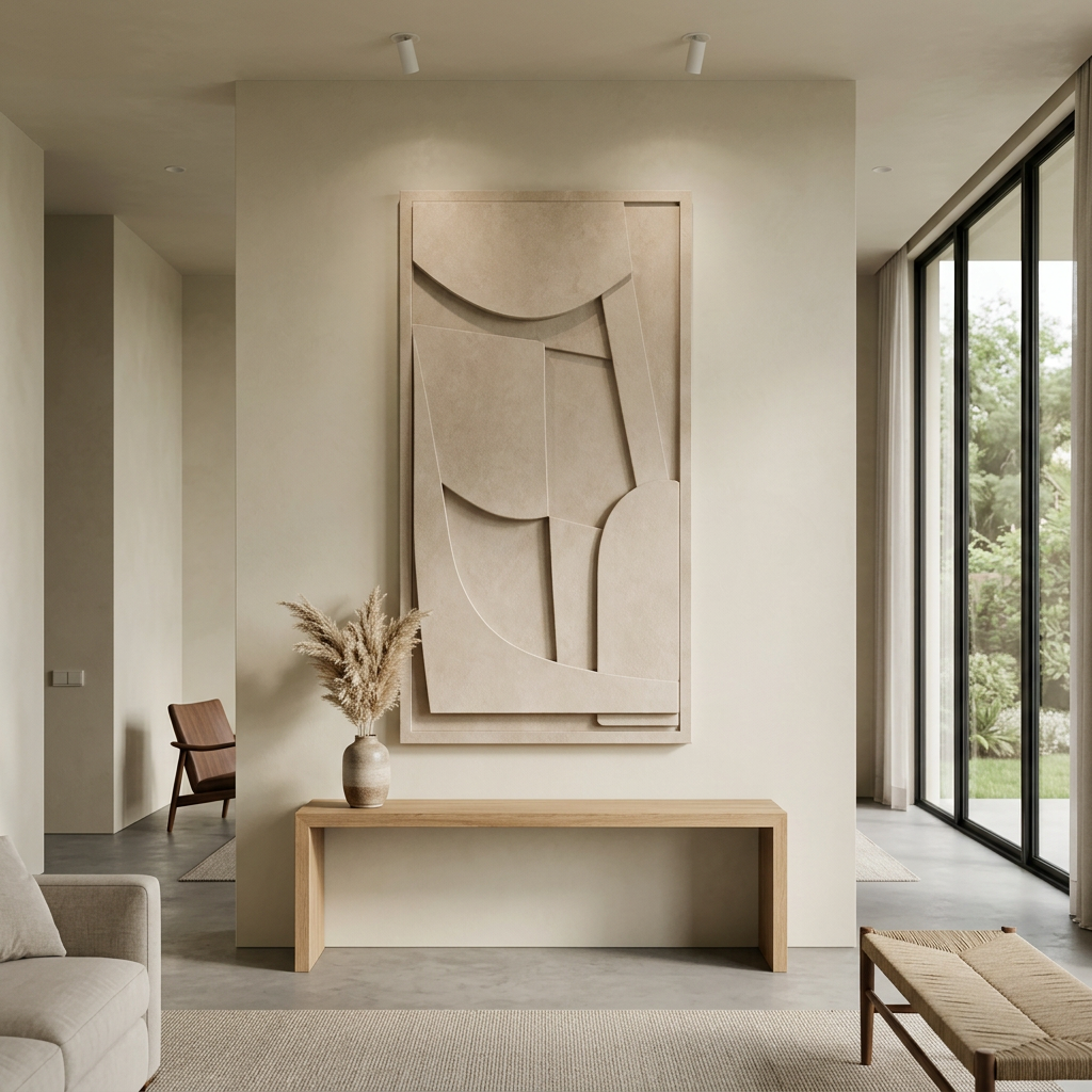 Modern interior with abstract wall art and minimal furniture