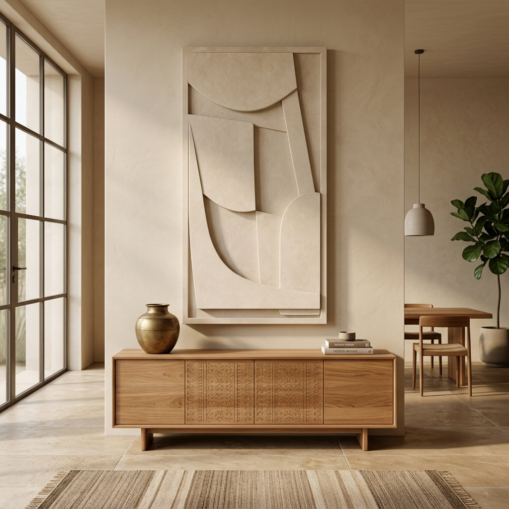 Modern interior with wooden sideboard, abstract wall art, and a vase.