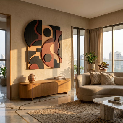 Modern living room with abstract wall art, wooden sideboard, and beige sofa.