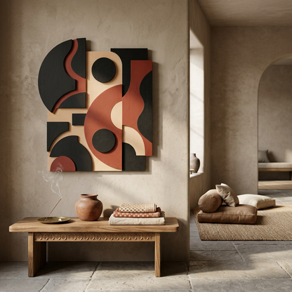 Modern interior with abstract wall art and wooden bench