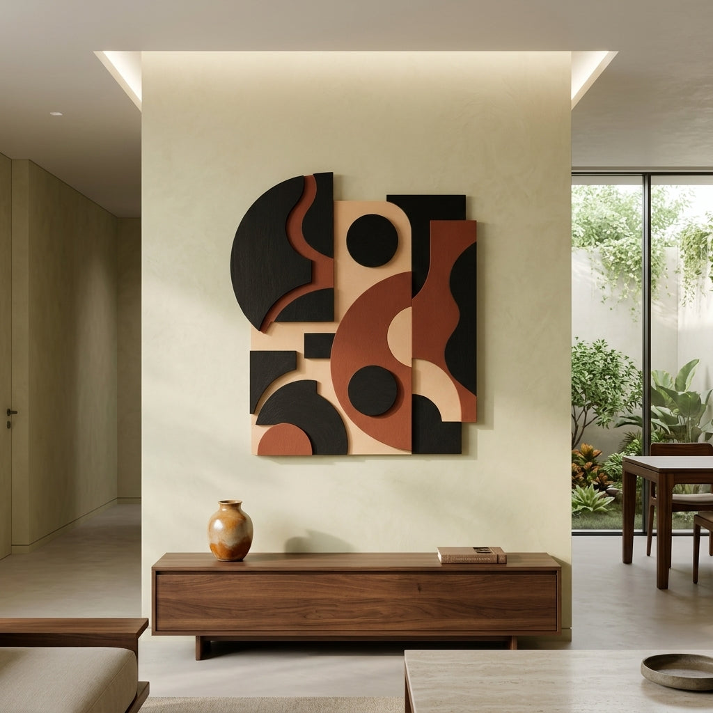 Modern interior with abstract wall art and wooden furniture