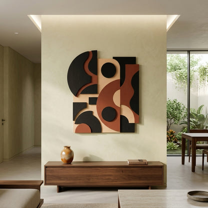 Modern interior with abstract wall art and wooden furniture