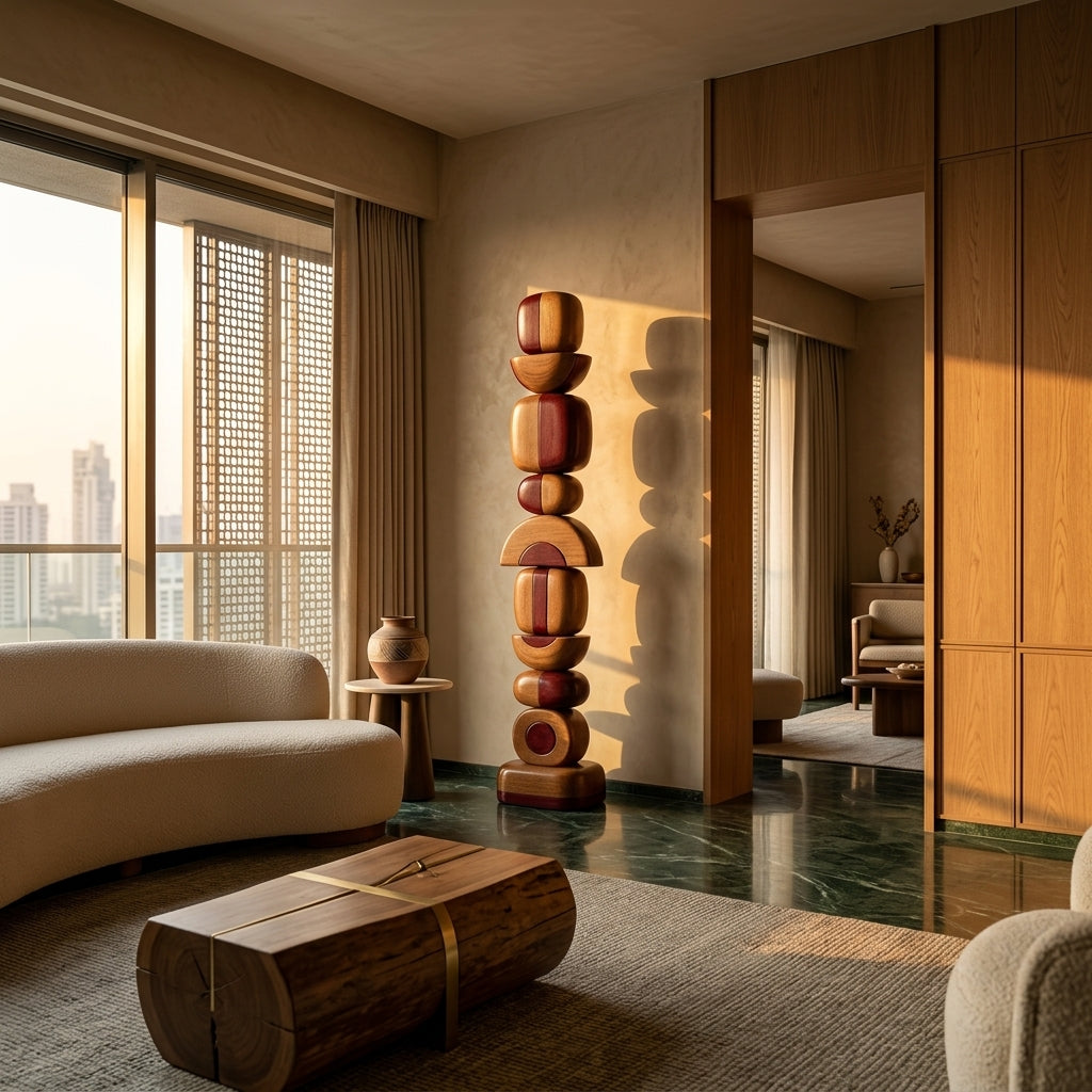 Modern living room with wooden sculptures and cityscape view