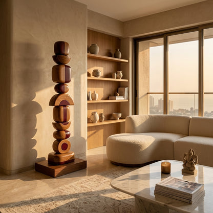 Modern living room with a wooden sculpture, round sofa, and cityscape view.