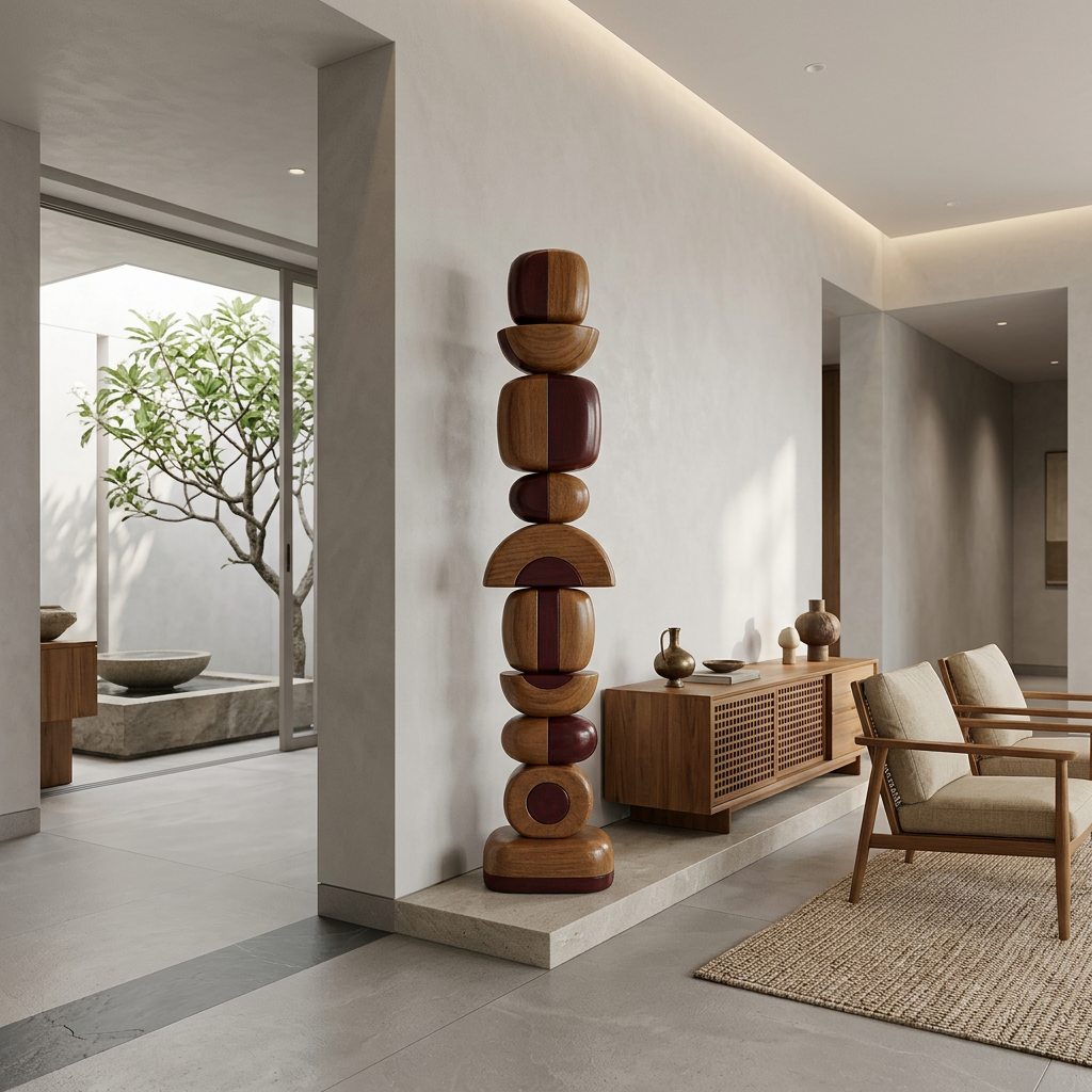 Modern interior with a wooden sculpture and a chair.