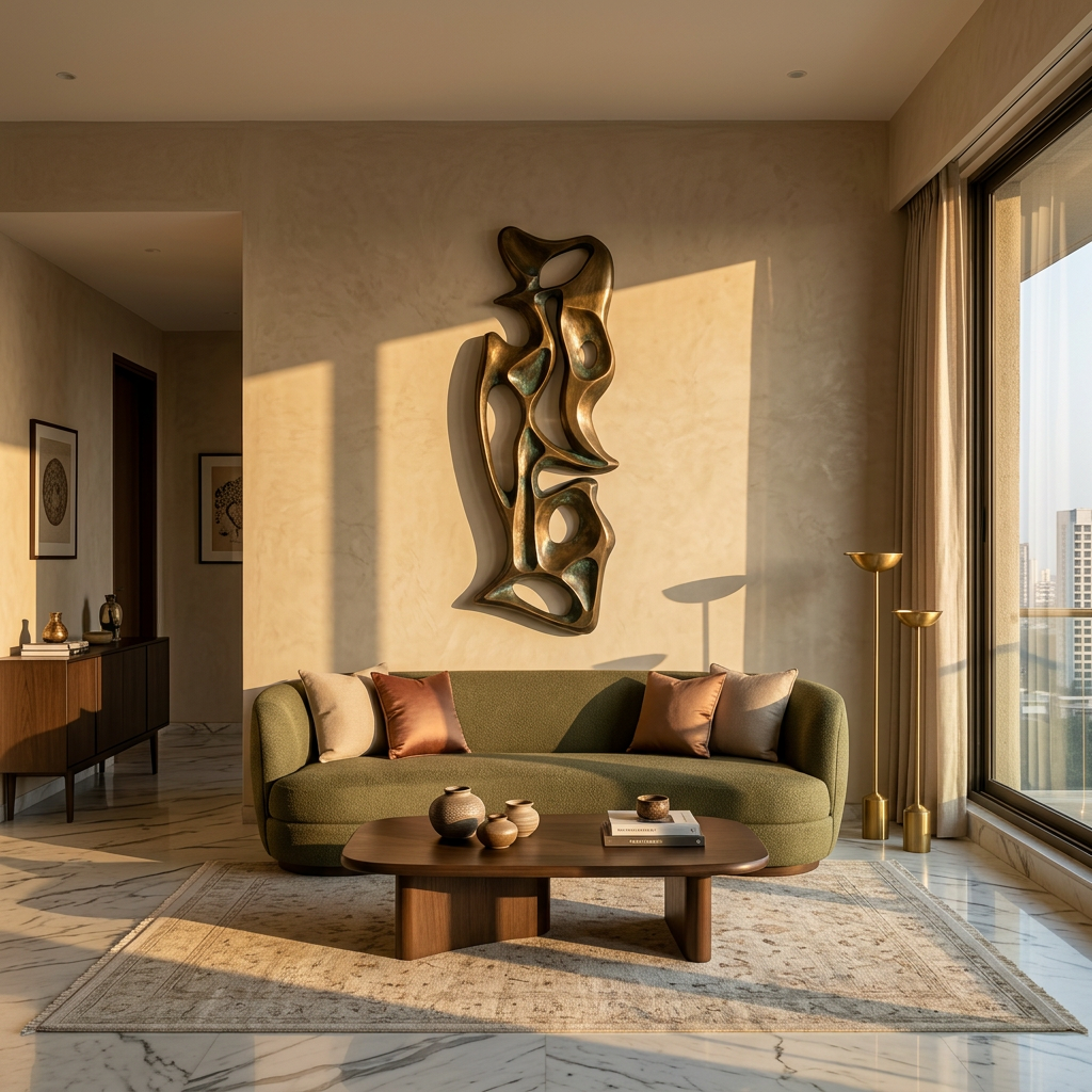 Modern living room with a green sofa, wooden coffee table, and abstract wall sculpture.