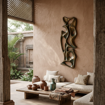 Decorative outdoor setting with a wall sculpture, seating area, and garden view.