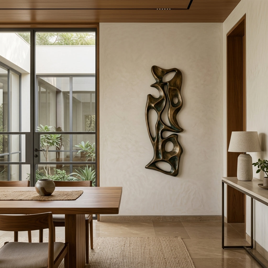 Dining room with wooden table, chairs, and decorative wall art.