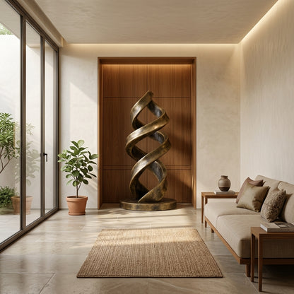 Modern interior with a spiral sculpture, sofa, and plants.