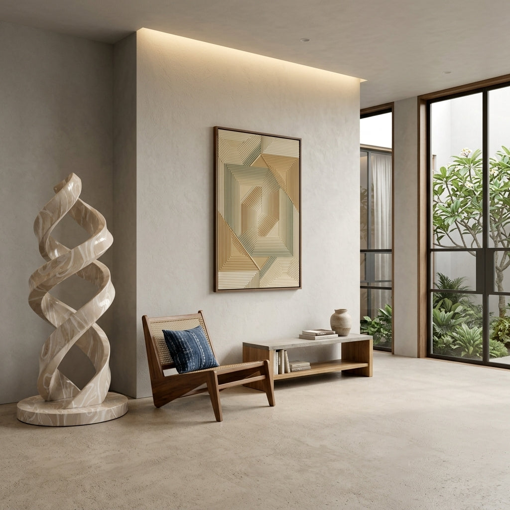 Modern interior with a spiral sculpture, chair, and abstract painting.