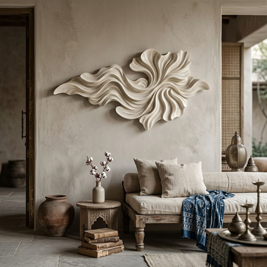 Living room with decorative wall art, sofa, and side table.