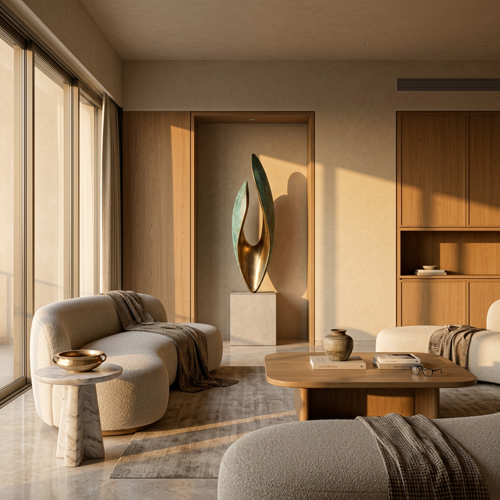 Modern living room with neutral tones, furniture, and decorative items.