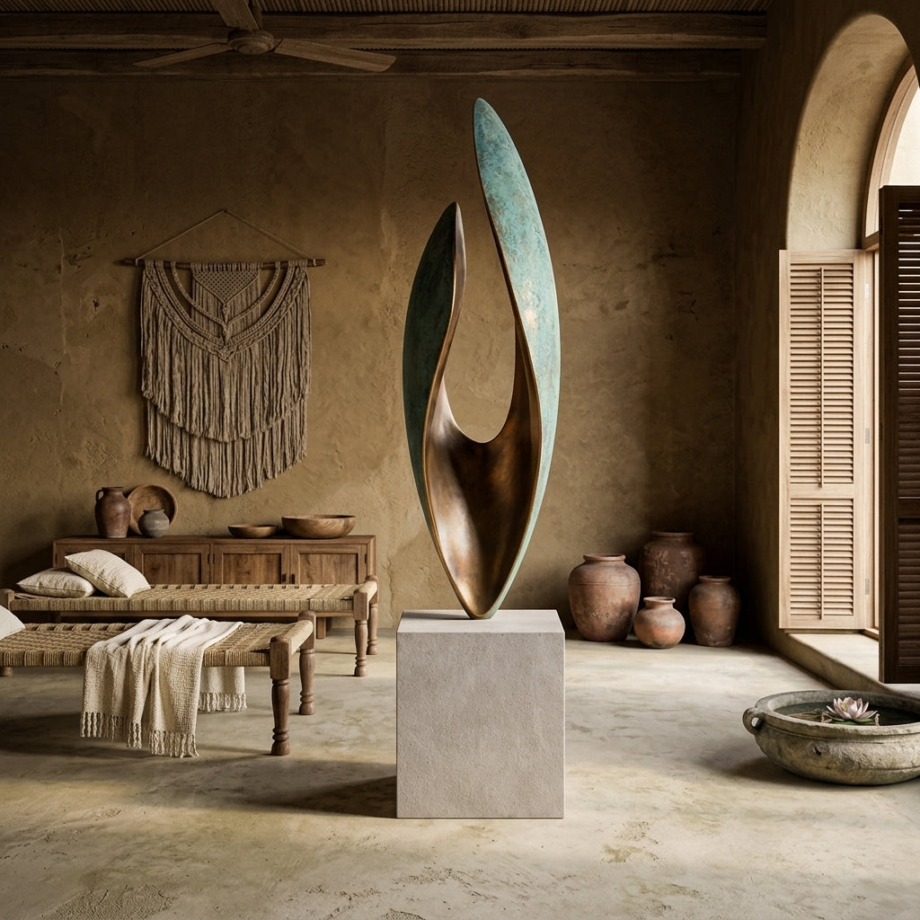 Decorative sculpture in a rustic room with wooden furniture and wall hangings.