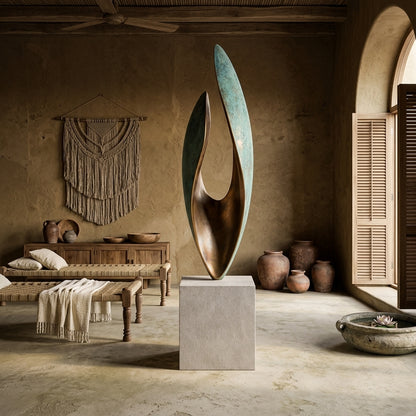 Decorative sculpture in a rustic room with wooden furniture and wall hangings.