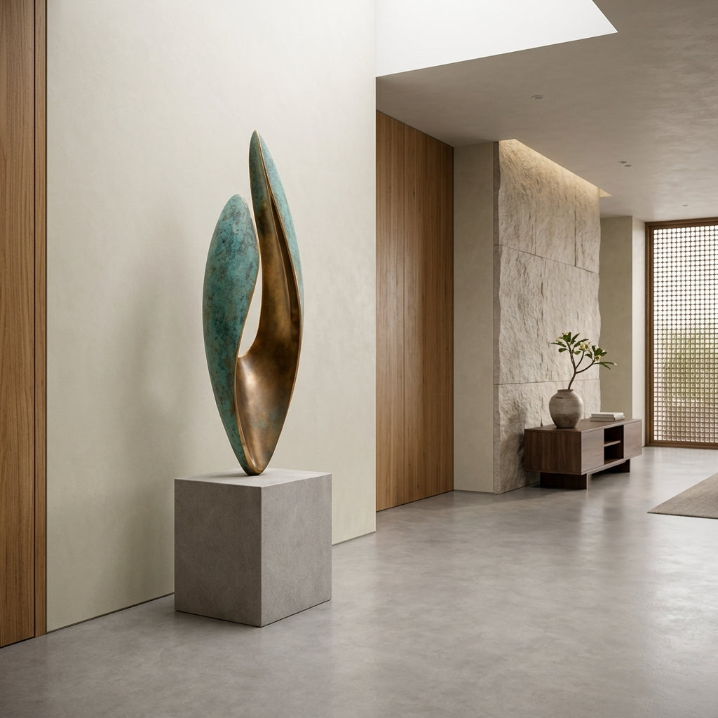 Modern interior with a sculpture on a pedestal