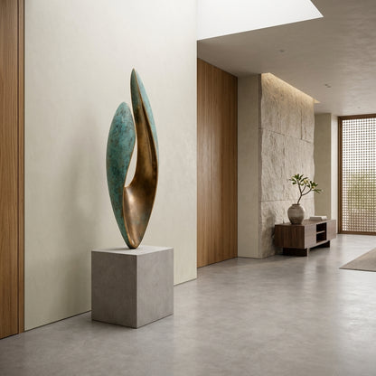 Modern interior with a sculpture on a pedestal