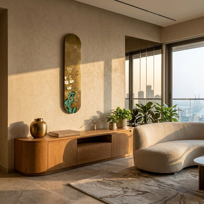 Modern living room with a wooden TV stand, beige sofa, and decorative mirror.